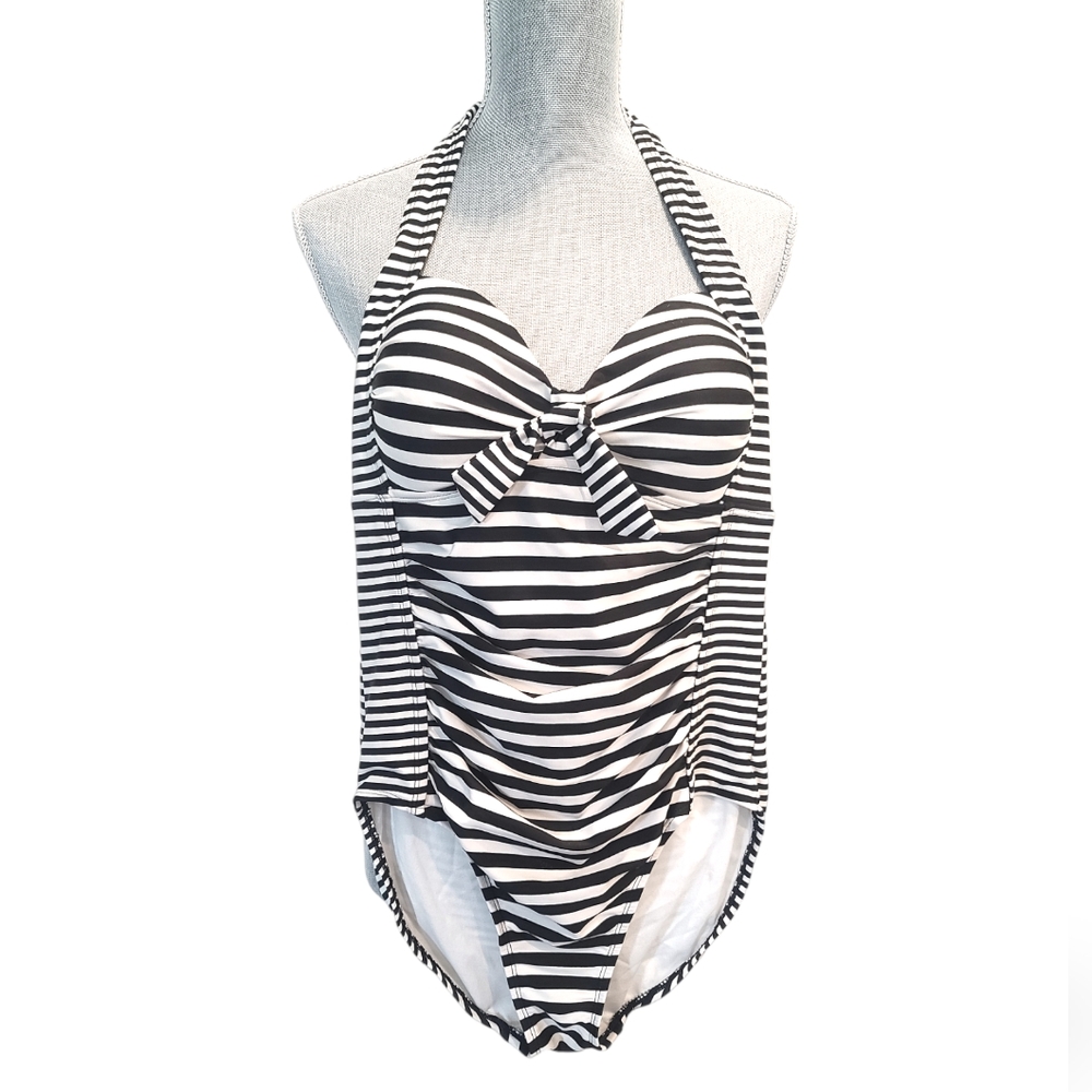 Merona One Piece Black and White Stripes  Swimsuit Size Medium